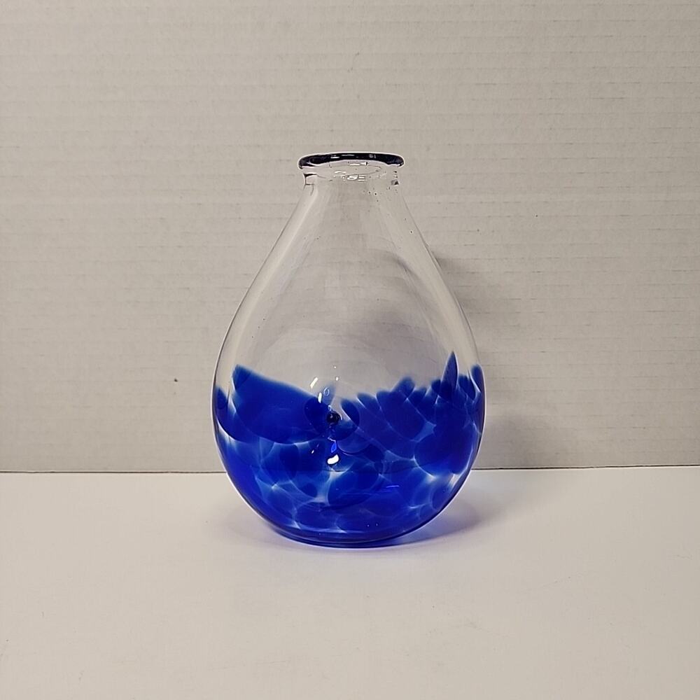 Art Glass Clear Blue Spotted Bud 6" Vase Pinched Signed T.C.F AGS 2012 HandBlown